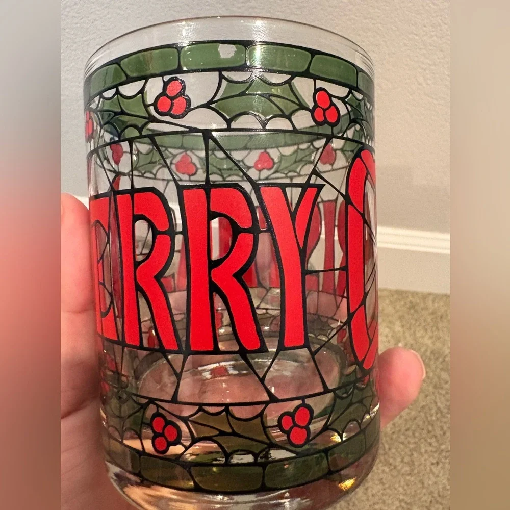 1970’s Cera Merry Christmas Holly Stained Glass Old Fashion Glasses Set of 4 EUC